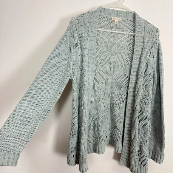 Garnet Hill Cardigan Sweater Womens Medium Blue Open Knit Linen Cotton Blend - Picture 2 of 10